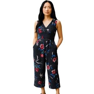 NWT Stripe Floral Ankle Capri Length Romper Jumpsuit Faux Wrap Black Apt 9